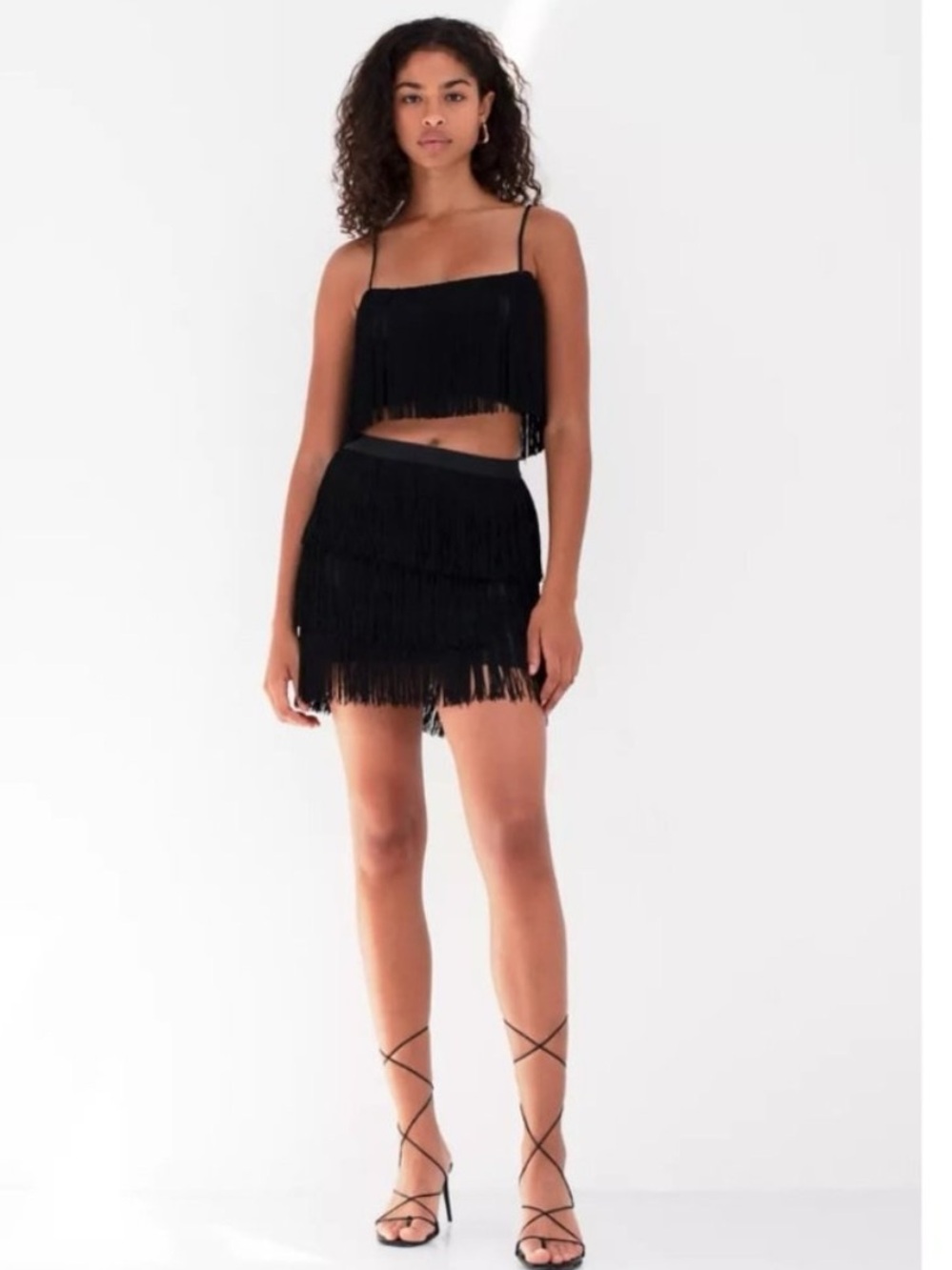 Aritzia Babaton Black Fringe Two-Piece Skirt Set